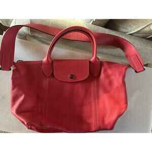 Longchamp Le Pliage Cuir Leather Zip Tote Shoulder Bag RED w/LOGO Strap